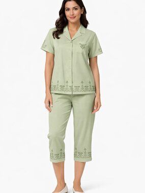 Denim&Co Light Green Embroidered Capri Set